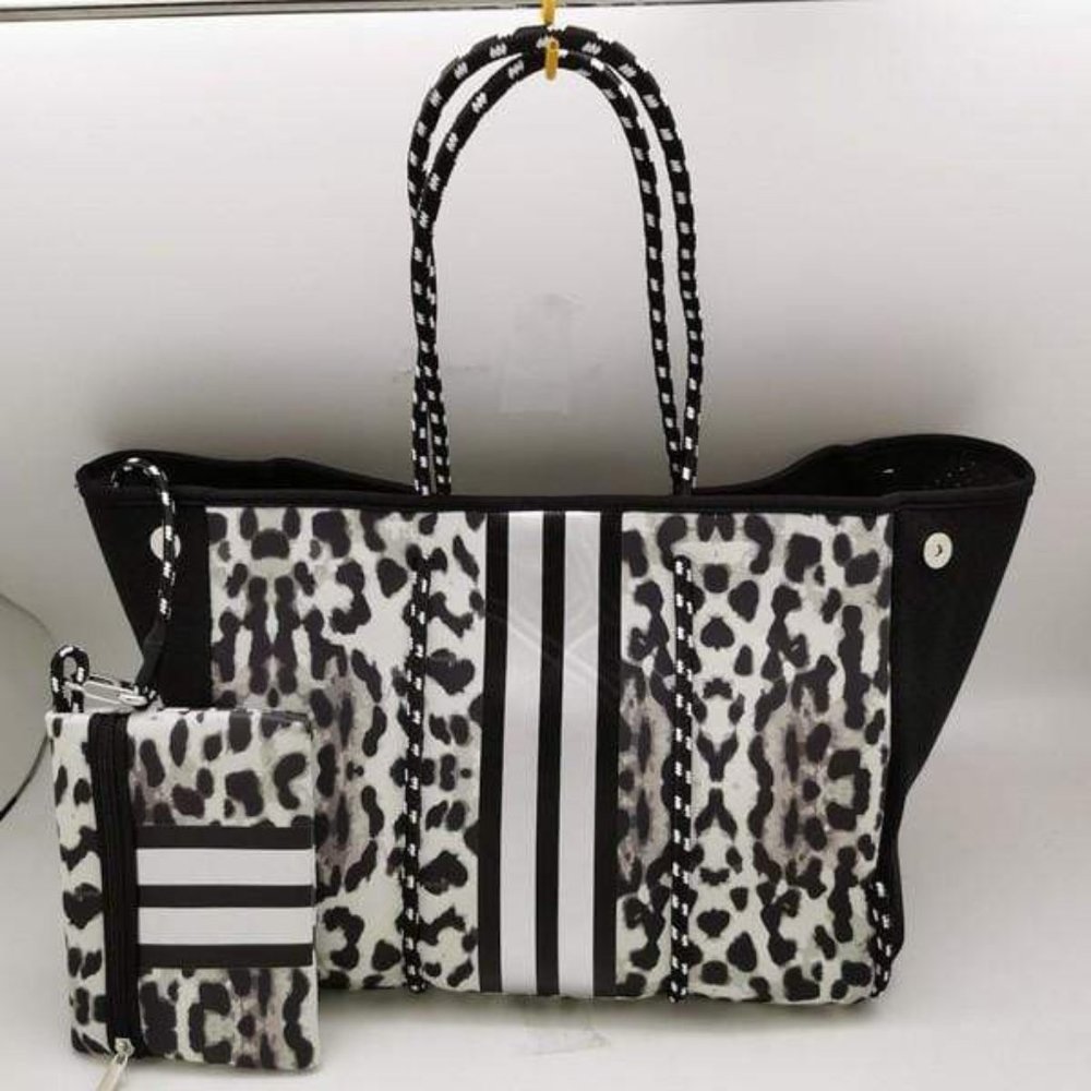 Grey/Black Leopard Neoprene Tote with Silver Stripe